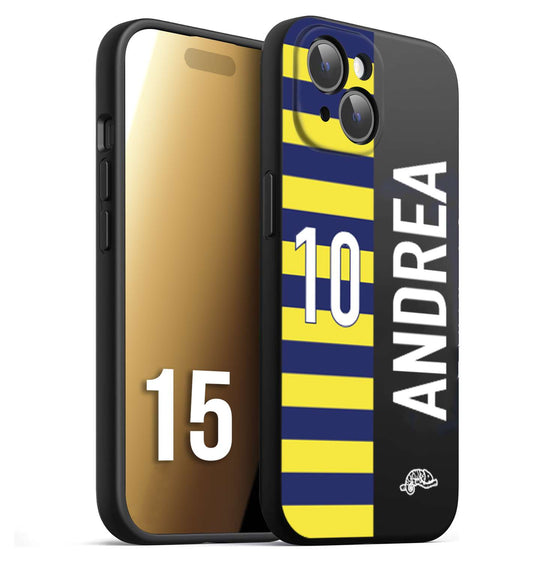 CUSTOMIZZA - Custodia cover nera morbida in tpu compatibile per iPhone 15 personalizzata calcio football nome e numero calciatori giallo blu