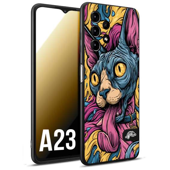 CUSTOMIZZA - Custodia cover nera morbida in tpu compatibile per Samsung A23 Sphynx Colorato Pop Art Psichedelico Gatto Blu Rosa Giallo Artistica Fantasy