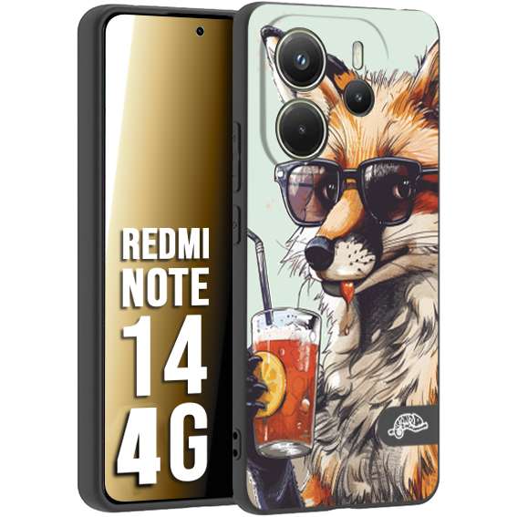 CUSTOMIZZA - Custodia cover nera morbida in tpu compatibile per Xiaomi Redmi Note 14 4G estate disegnata cocktails animali simpatici fox volpe negroni
