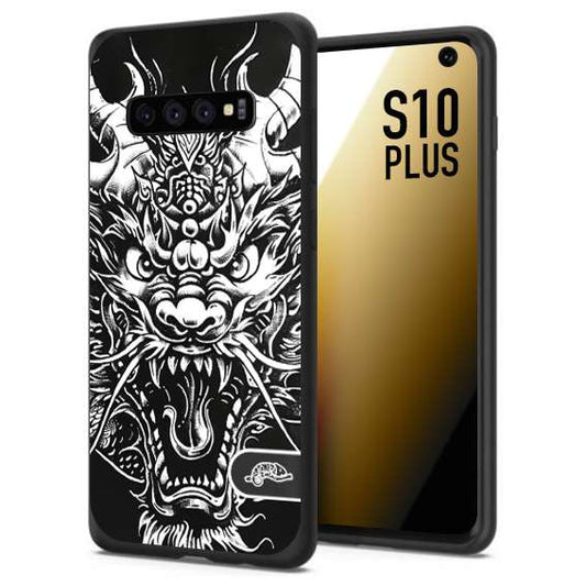 CUSTOMIZZA - Custodia cover nera morbida in tpu compatibile per Samsung S10 PLUS drago black and white bianco a rilievo disegnato tattoo tatuaggio