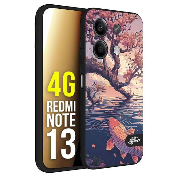 CUSTOMIZZA - Custodia cover nera morbida in tpu compatibile per Xiaomi Redmi Note 13 4G giapponese lago carpa koi rosa con foglie d'acero disegnata tattoo