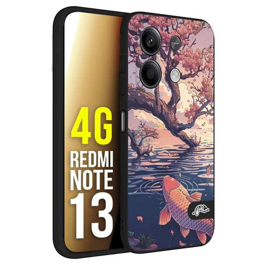 CUSTOMIZZA - Custodia cover nera morbida in tpu compatibile per Xiaomi Redmi Note 13 4G giapponese lago carpa koi rosa con foglie d'acero disegnata tattoo
