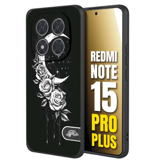 CUSTOMIZZA - Custodia cover nera morbida in tpu compatibile per Xiaomi Redmi Note 15 PRO PLUS luna e fiori moon flowers black and white bianco a rilievo disegnato