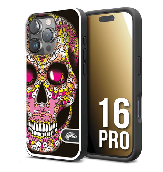 CUSTOMIZZA - Custodia cover nera morbida in tpu compatibile per iPhone 16 PRO teschio messicano Mexican skull rosa gialla