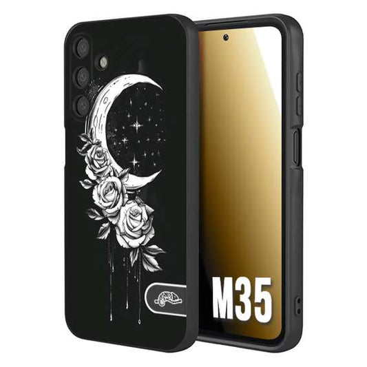 CUSTOMIZZA - Custodia cover nera morbida in tpu compatibile per Samsung M35 luna e fiori moon flowers black and white bianco a rilievo disegnato