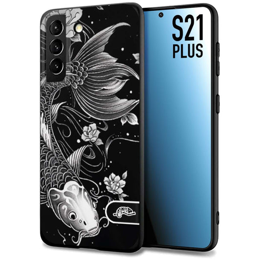 CUSTOMIZZA - Custodia cover nera morbida in tpu compatibile per Samsung S21 PLUS carpa koi black and white bianco a rilievo disegnato tattoo tatuaggio