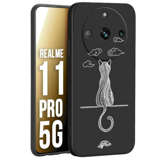 CUSTOMIZZA - Custodia cover nera morbida in tpu compatibile per Realme 11 PRO 5G gatto mandala stilizzato gattino a rilievo soft touch donna bianca