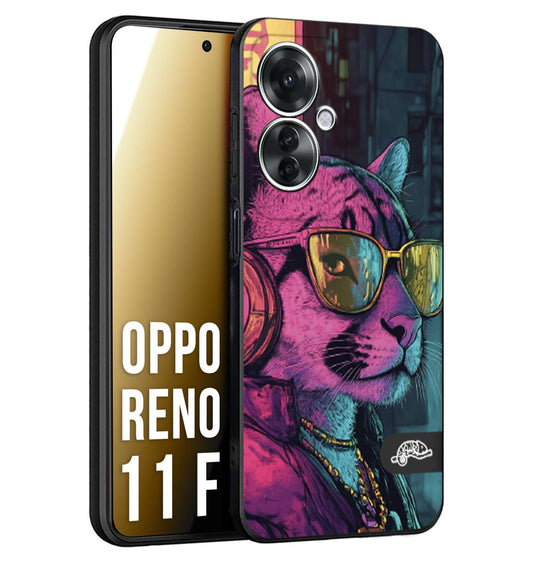 CUSTOMIZZA - Custodia cover nera morbida in tpu compatibile per Oppo Reno 11 F 5G animali cyberpunk pantera street cat fucsia blu giallo