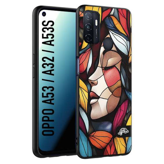 CUSTOMIZZA - Custodia cover nera morbida in tpu compatibile per Oppo A53 - A32 - A53S Vetrata artistica volto di donna profilo fogliare mosaico di vetro colorato