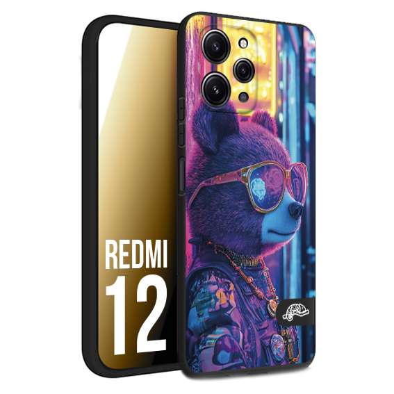 CUSTOMIZZA - Custodia cover nera morbida in tpu compatibile per Xiaomi Redmi 12 animali cyberpunk orsetto orso street bear fucsia blu night