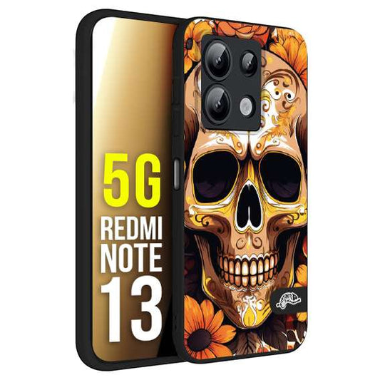 CUSTOMIZZA - Custodia cover nera morbida in tpu compatibile per Xiaomi Redmi Note 13 5G teschio messicano colorato dorato fiori tattoo disegnato