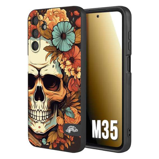 CUSTOMIZZA - Custodia cover nera morbida in tpu compatibile per Samsung M35 teschio skull flowers fiori autunnali arancio celeste tattoo