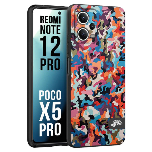 CUSTOMIZZA - Custodia cover nera morbida in tpu compatibile per Xiaomi Redmi Note 12 PRO - POCO X5 PRO camouflage mimetico militare moderno blu arancio rosa