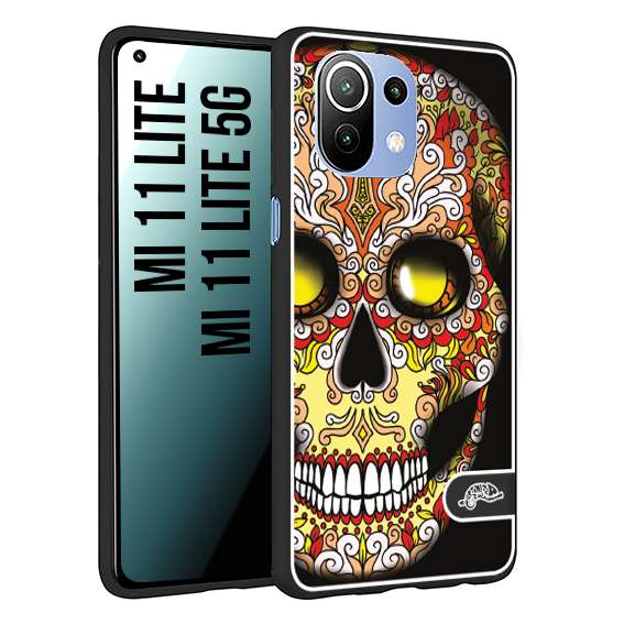 CUSTOMIZZA - Custodia cover nera morbida in tpu compatibile per Xiaomi Mi 11 Lite / Mi 11 Lite 5G teschio messicano Mexican skull giallo rosso arancio