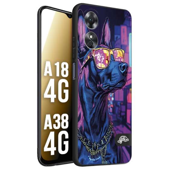 CUSTOMIZZA - Custodia cover nera morbida in tpu compatibile per Oppo A18 4G - A38 4G animali cyberpunk dobermann cane street dog fucsia blu night