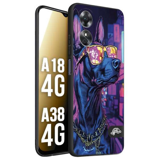 CUSTOMIZZA - Custodia cover nera morbida in tpu compatibile per Oppo A18 4G - A38 4G animali cyberpunk dobermann cane street dog fucsia blu night