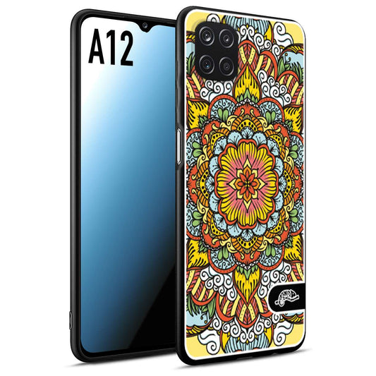 CUSTOMIZZA - Custodia cover nera morbida in tpu compatibile per Samsung A12 mandala colorato fiore nuvole arancione