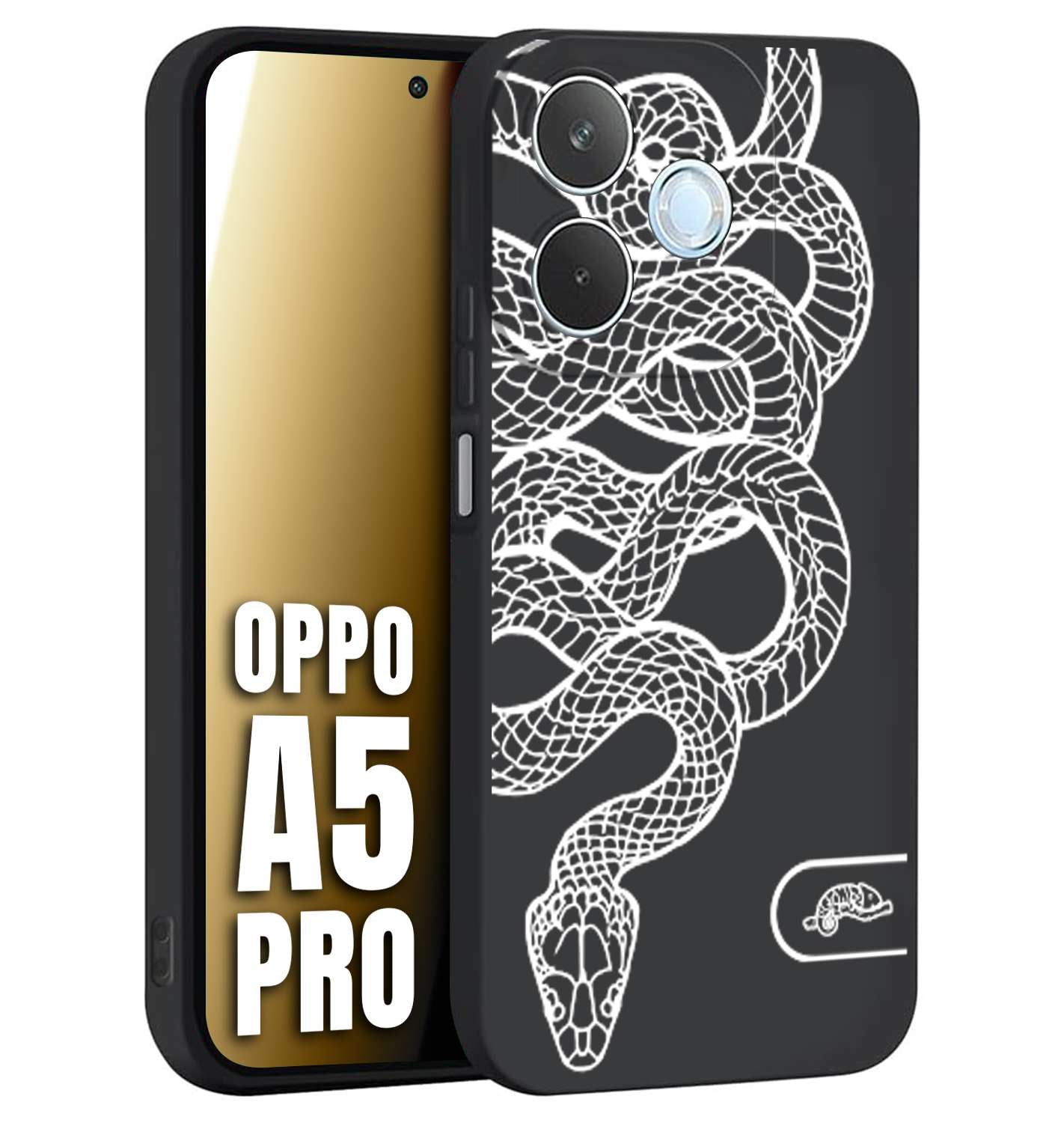 CUSTOMIZZA - Custodia cover nera morbida in tpu compatibile per Oppo A5 PRO serpente snake bianco a rilievo disegnato tattoo tatuaggio