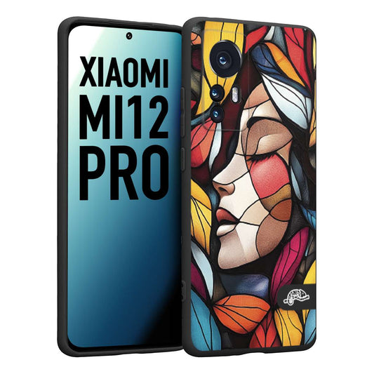 CUSTOMIZZA - Custodia cover nera morbida in tpu compatibile per Xiaomi 12 PRO Vetrata artistica volto di donna profilo fogliare mosaico di vetro colorato