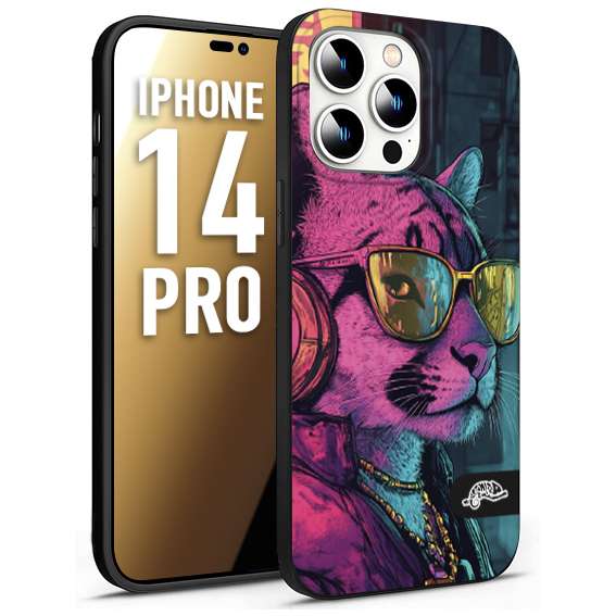 CUSTOMIZZA - Custodia cover nera morbida in tpu compatibile per iPhone 14 PRO animali cyberpunk pantera street cat fucsia blu giallo