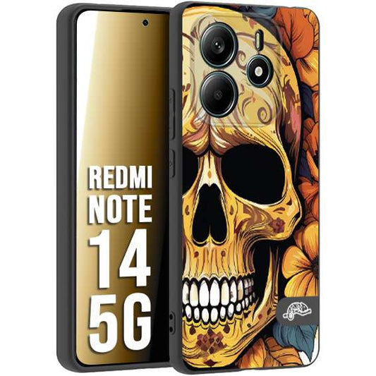 CUSTOMIZZA - Custodia cover nera morbida in tpu compatibile per Xiaomi Redmi Note 14 5G teschio messicano colorato dorato fiori autunnali disegnato