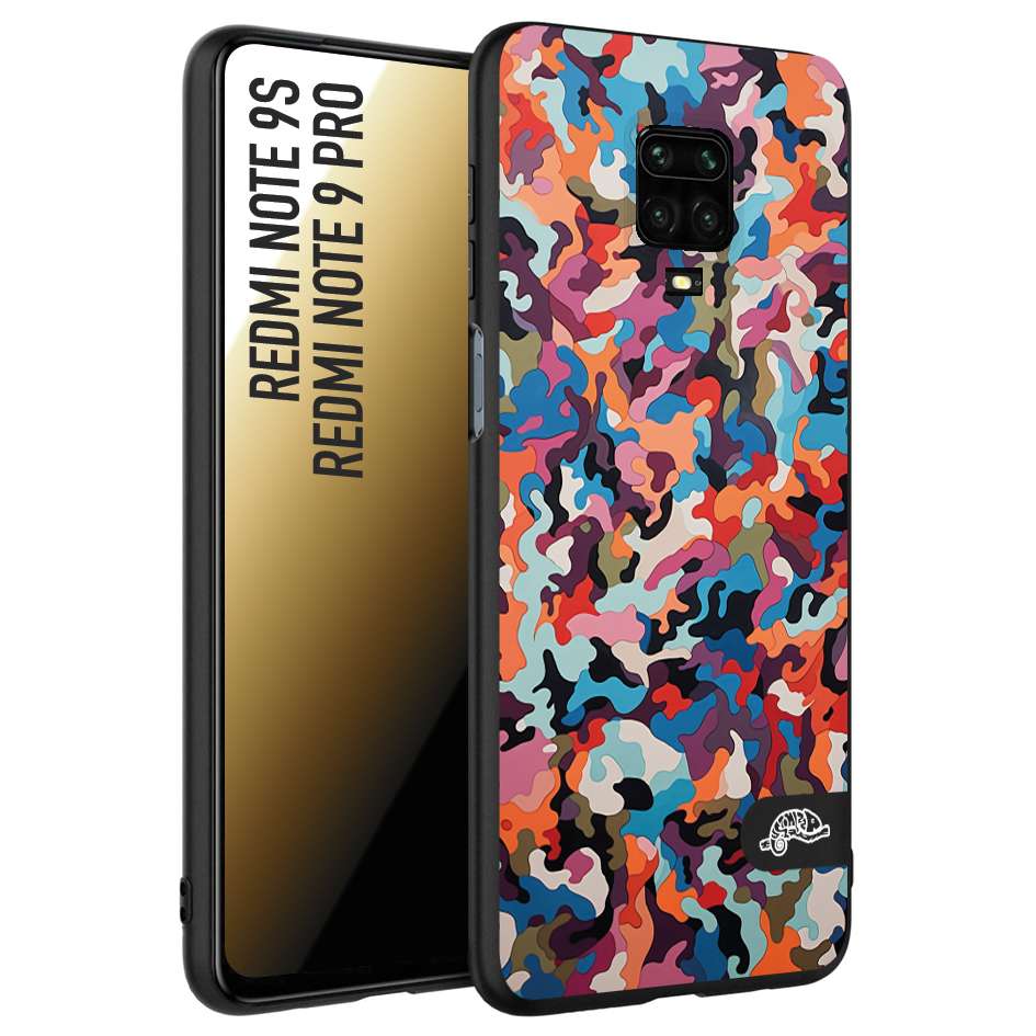 CUSTOMIZZA - Custodia cover nera morbida in tpu compatibile per Xiaomi Redmi Note 9S - Note 9 PRO camouflage mimetico militare moderno blu arancio rosa