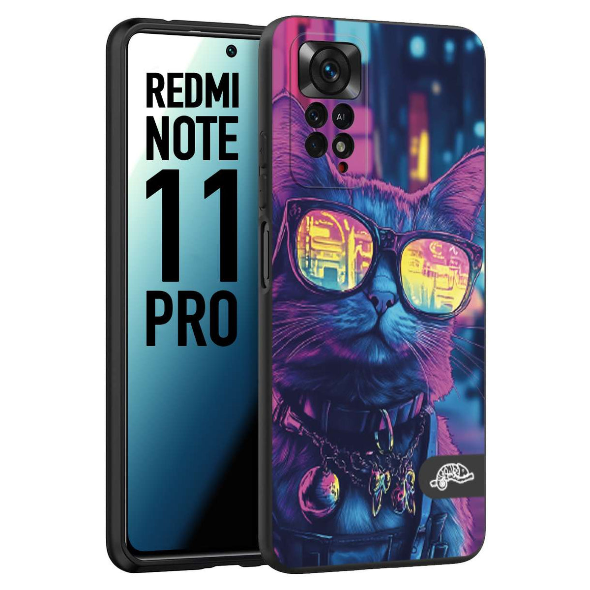 CUSTOMIZZA - Custodia cover nera morbida in tpu compatibile per Xiaomi Redmi Note 11 PRO animali cyberpunk gatto street cat fucsia blu giallo
