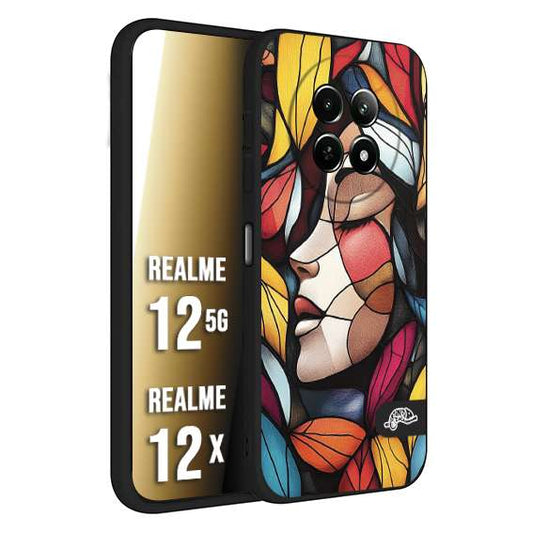 CUSTOMIZZA - Custodia cover nera morbida in tpu compatibile per Realme 12 5G - 12X Vetrata artistica volto di donna profilo fogliare mosaico di vetro colorato