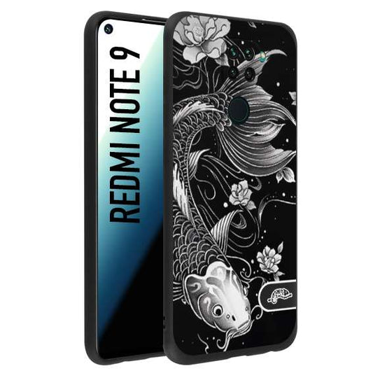 CUSTOMIZZA - Custodia cover nera morbida in tpu compatibile per Xiaomi Redmi Note 9 carpa koi black and white bianco a rilievo disegnato tattoo tatuaggio