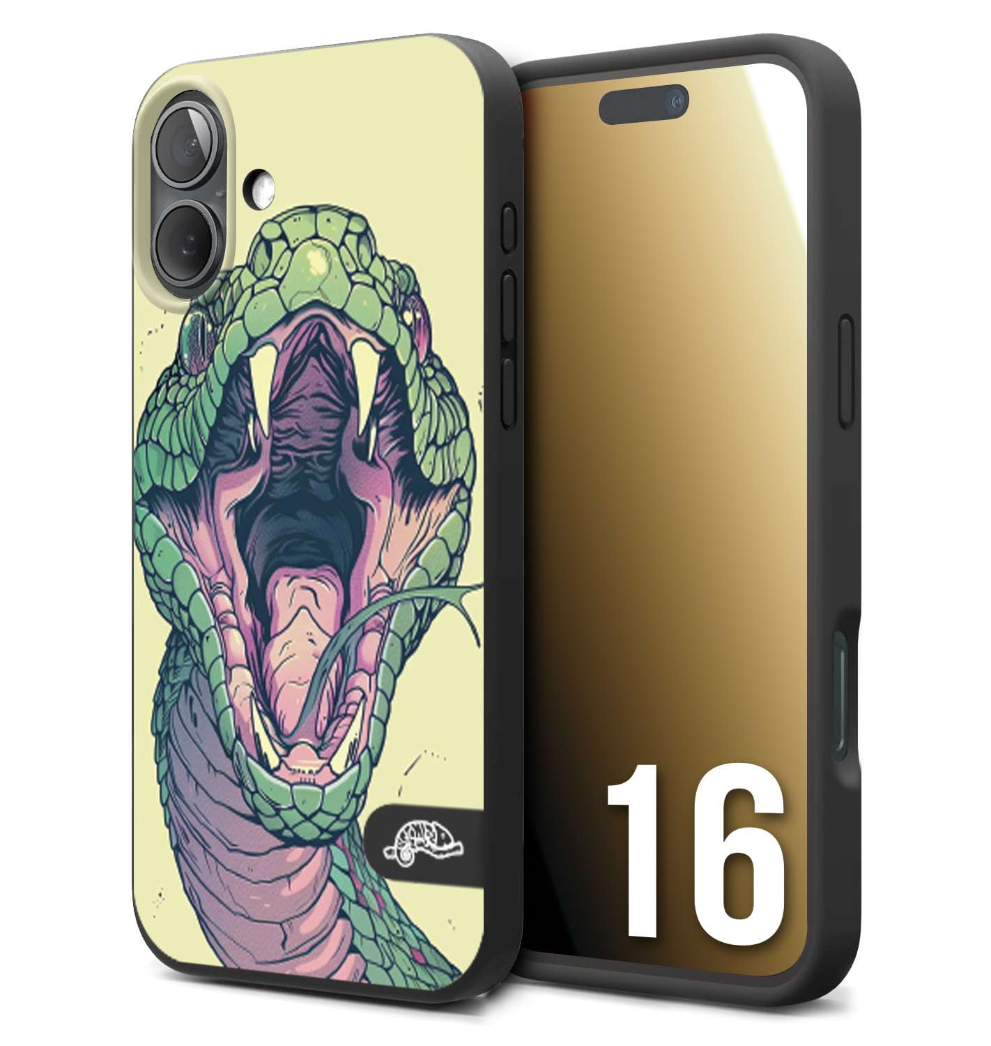 CUSTOMIZZA - Custodia cover nera morbida in tpu compatibile per iPhone 16 snake yellow green serpente tatuaggio tattoo disegnato a mano