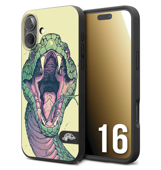 CUSTOMIZZA - Custodia cover nera morbida in tpu compatibile per iPhone 16 snake yellow green serpente tatuaggio tattoo disegnato a mano