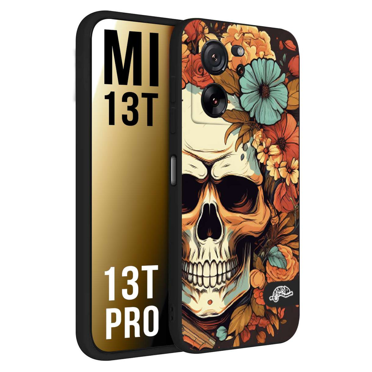 CUSTOMIZZA - Custodia cover nera morbida in tpu compatibile per Xiaomi 13T - 13T PRO teschio skull flowers fiori autunnali arancio celeste tattoo