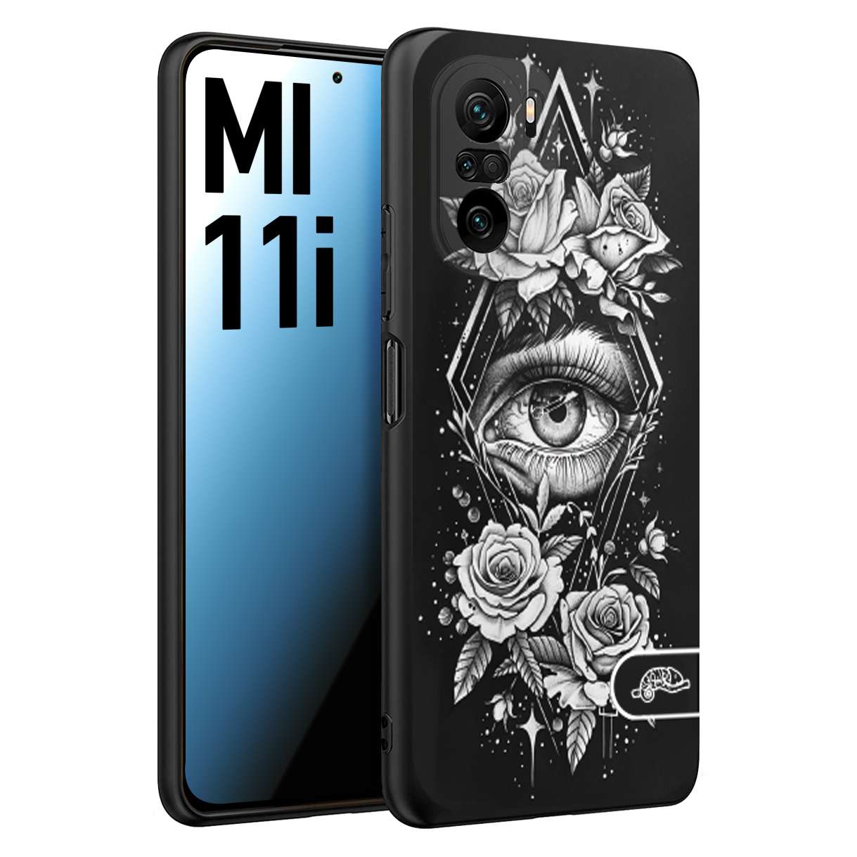 CUSTOMIZZA - Custodia cover nera morbida in tpu compatibile per Xiaomi Mi 11i occhio fiori rombo geometrico black and white bianco a rilievo disegnato tattoo tatuaggio