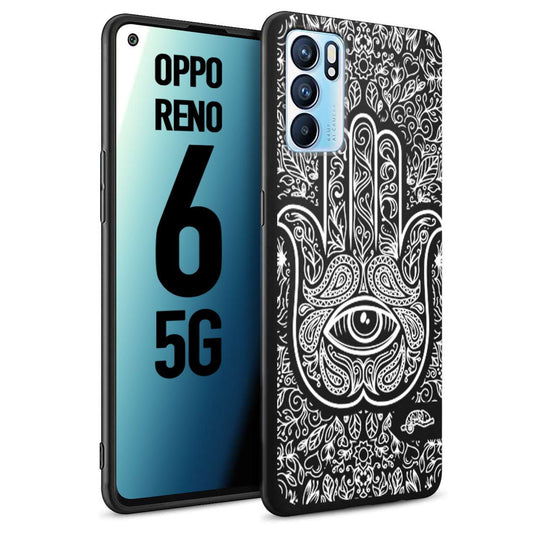 CUSTOMIZZA - Custodia cover nera morbida in tpu compatibile per Oppo Reno 6 5G mano di fatima effetto rilievo mandala donna