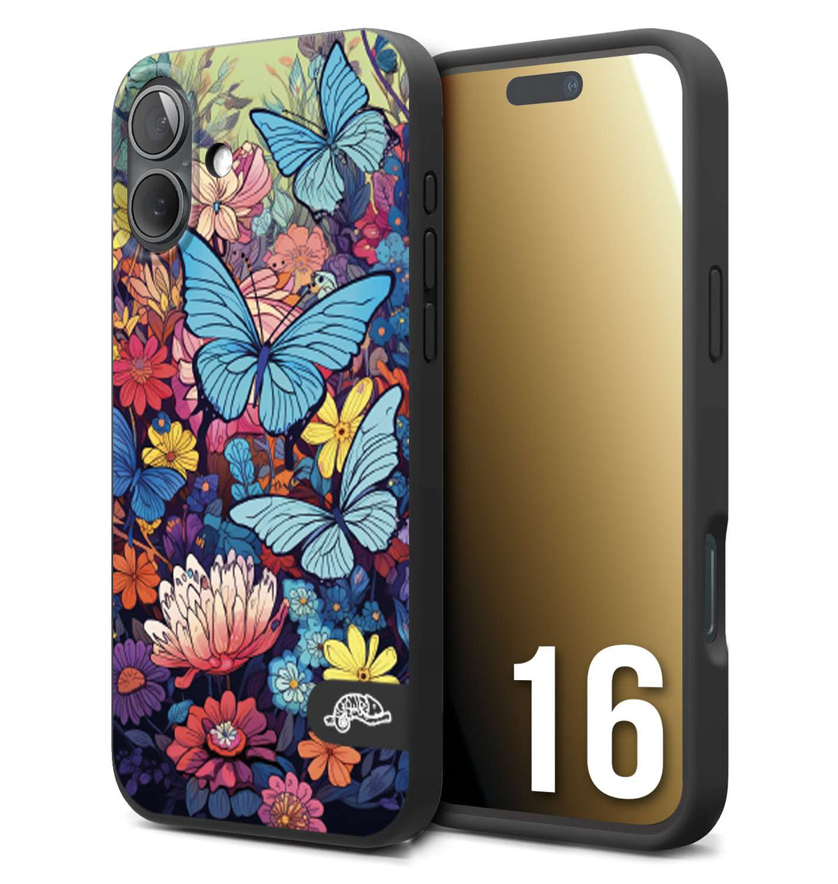CUSTOMIZZA - Custodia cover nera morbida in tpu compatibile per iPhone 16 farfalle butterfly moderno donna disegnate gialla blu rosa