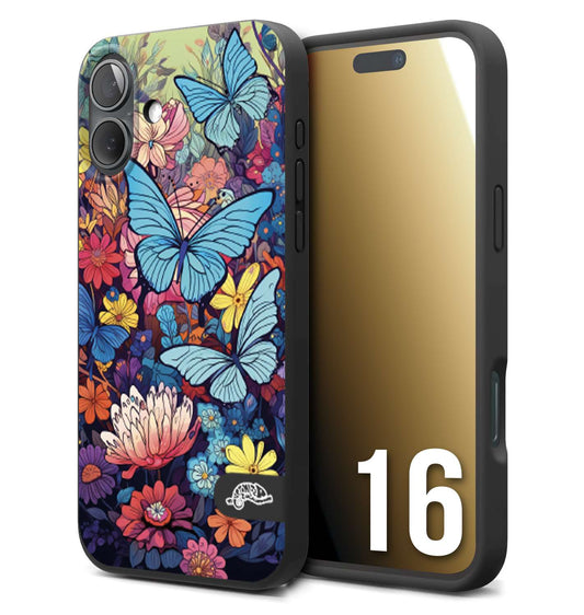 CUSTOMIZZA - Custodia cover nera morbida in tpu compatibile per iPhone 16 farfalle butterfly moderno donna disegnate gialla blu rosa