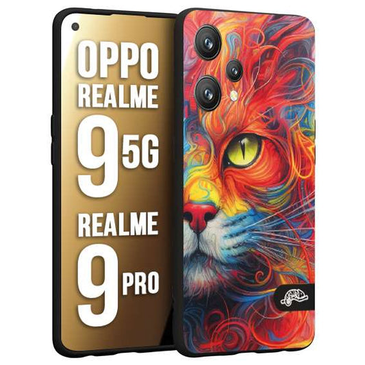 CUSTOMIZZA - Custodia cover nera morbida in tpu compatibile per Oppo Realme 9 5G - 9 PRO animali color cat gatto viso colori vibranti disegnato schizzo