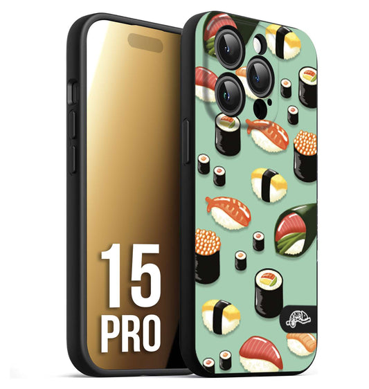CUSTOMIZZA - Custodia cover nera morbida in tpu compatibile per iPhone 15 PRO sushi disegni giapponese nighiri acquamarina verde