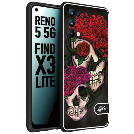 CUSTOMIZZA - Custodia cover nera morbida in tpu compatibile per Oppo Reno 5 5G teschi e rose rosse fucsia skull and roses