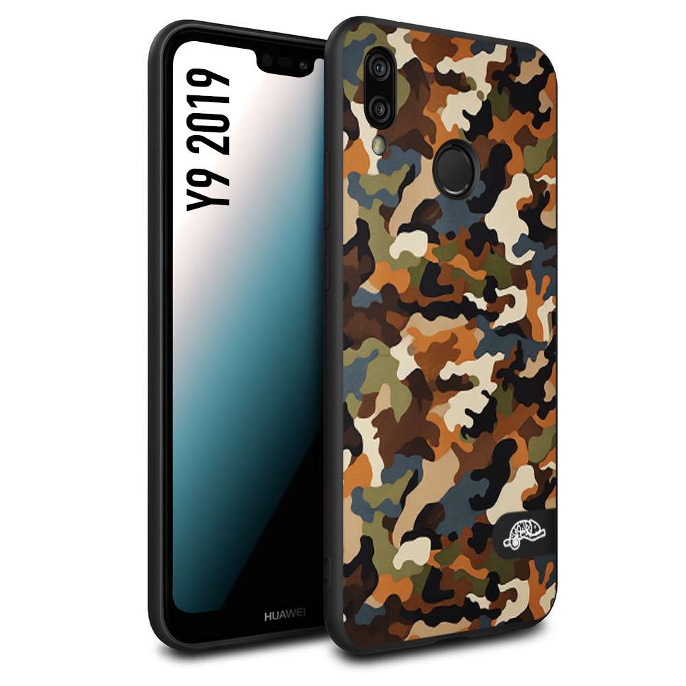 CUSTOMIZZA - Custodia cover nera morbida in tpu compatibile per Huawei Y9 2019 camouflage mimetico militare moderno blu marrone beige