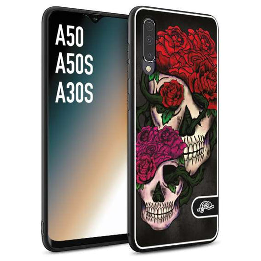 CUSTOMIZZA - Custodia cover nera morbida in tpu compatibile per Samsung A50 - A50S - A30S teschi e rose rosse fucsia skull and roses