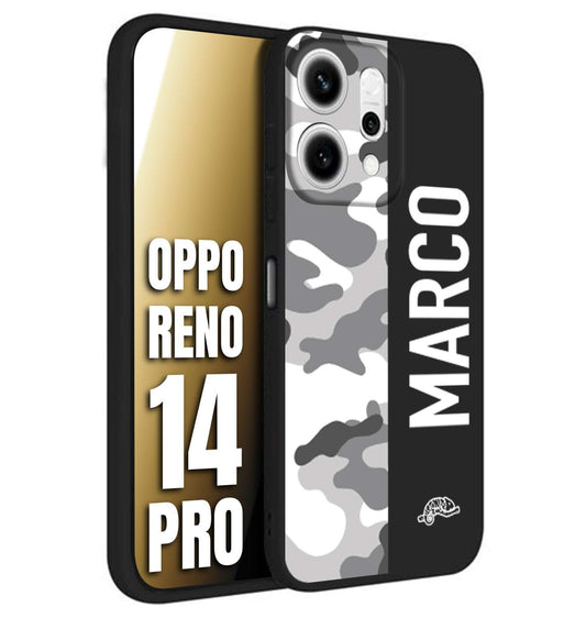CUSTOMIZZA - Custodia cover nera morbida in tpu compatibile per Oppo Reno 14 PRO camouflage mimetico militare personalizzata nome bianco