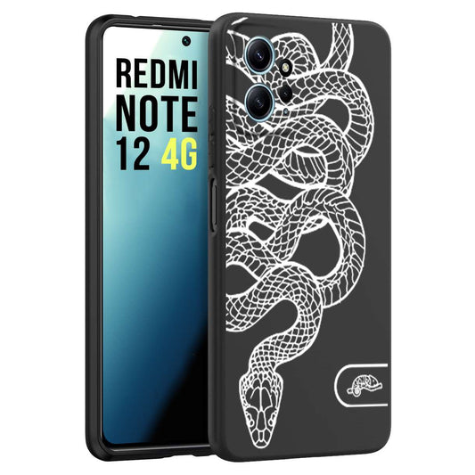 CUSTOMIZZA - Custodia cover nera morbida in tpu compatibile per Xiaomi Redmi Note 12 4G serpente snake bianco a rilievo disegnato tattoo tatuaggio