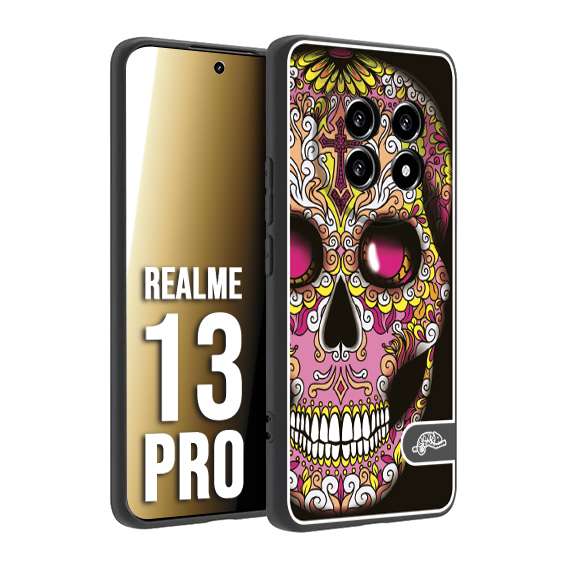 CUSTOMIZZA - Custodia cover nera morbida in tpu compatibile per Realme 13 PRO teschio messicano Mexican skull rosa gialla