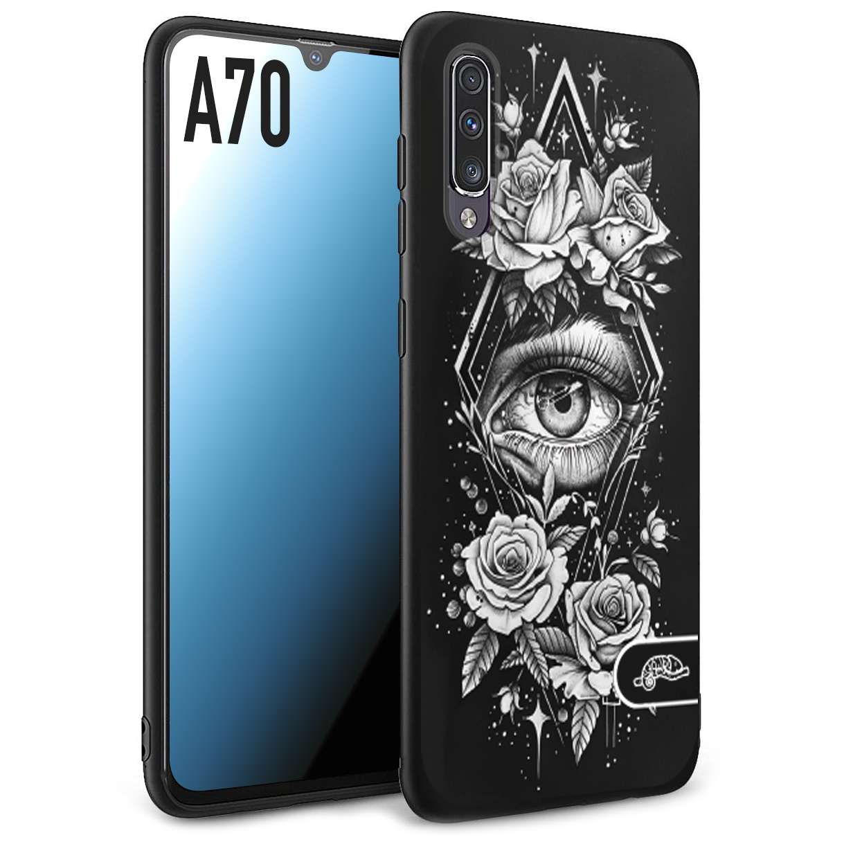 CUSTOMIZZA - Custodia cover nera morbida in tpu compatibile per Samsung A70 occhio fiori rombo geometrico black and white bianco a rilievo disegnato tattoo tatuaggio