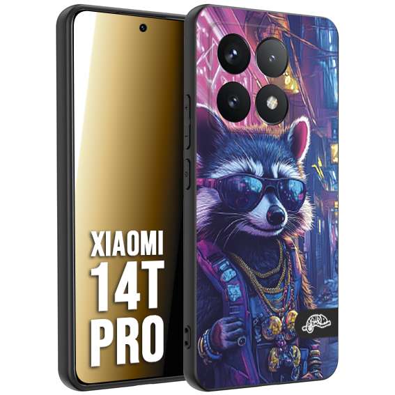 CUSTOMIZZA - Custodia cover nera morbida in tpu compatibile per Xiaomi 14T PRO animali simpatici cyberpunk procione racoon street cat fucsia blu giallo