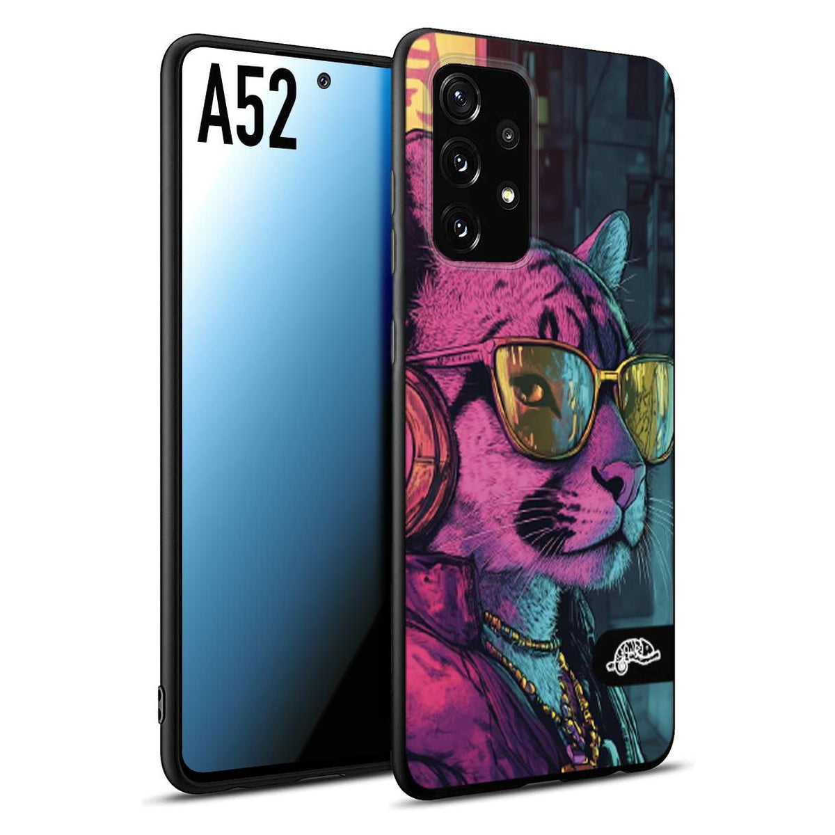 CUSTOMIZZA - Custodia cover nera morbida in tpu compatibile per Samsung A52 animali cyberpunk pantera street cat fucsia blu giallo