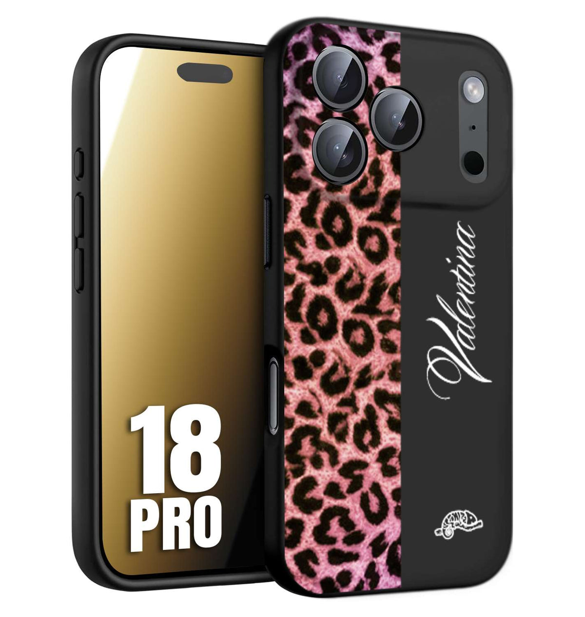 CUSTOMIZZA - Custodia cover nera morbida in tpu compatibile per iPhone 18 PRO leopardato rosa fucsia personalizzata nome iniziali
