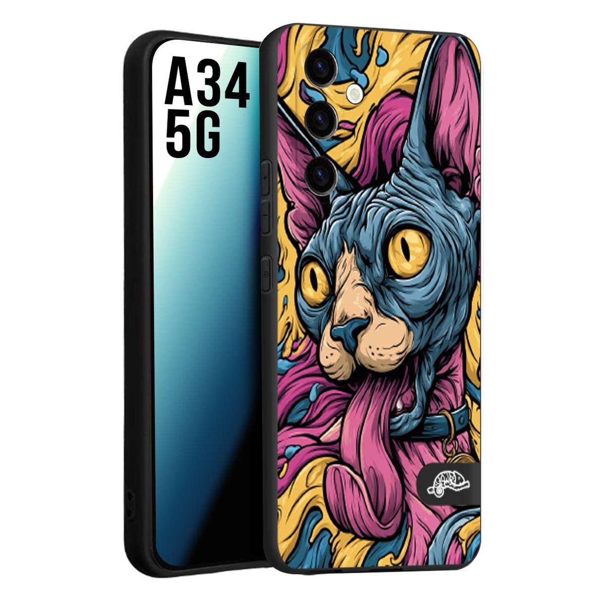 CUSTOMIZZA - Custodia cover nera morbida in tpu compatibile per Samsung A34 5G Sphynx Colorato Pop Art Psichedelico Gatto Blu Rosa Giallo Artistica Fantasy