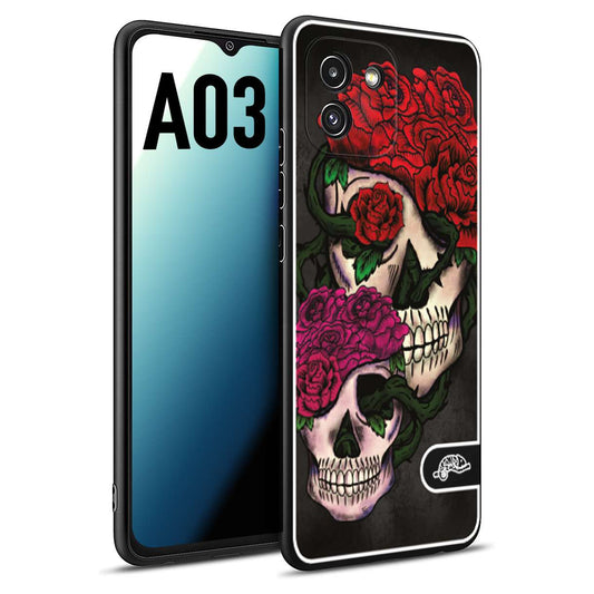 CUSTOMIZZA - Custodia cover nera morbida in tpu compatibile per Samsung A03 teschi e rose rosse fucsia skull and roses